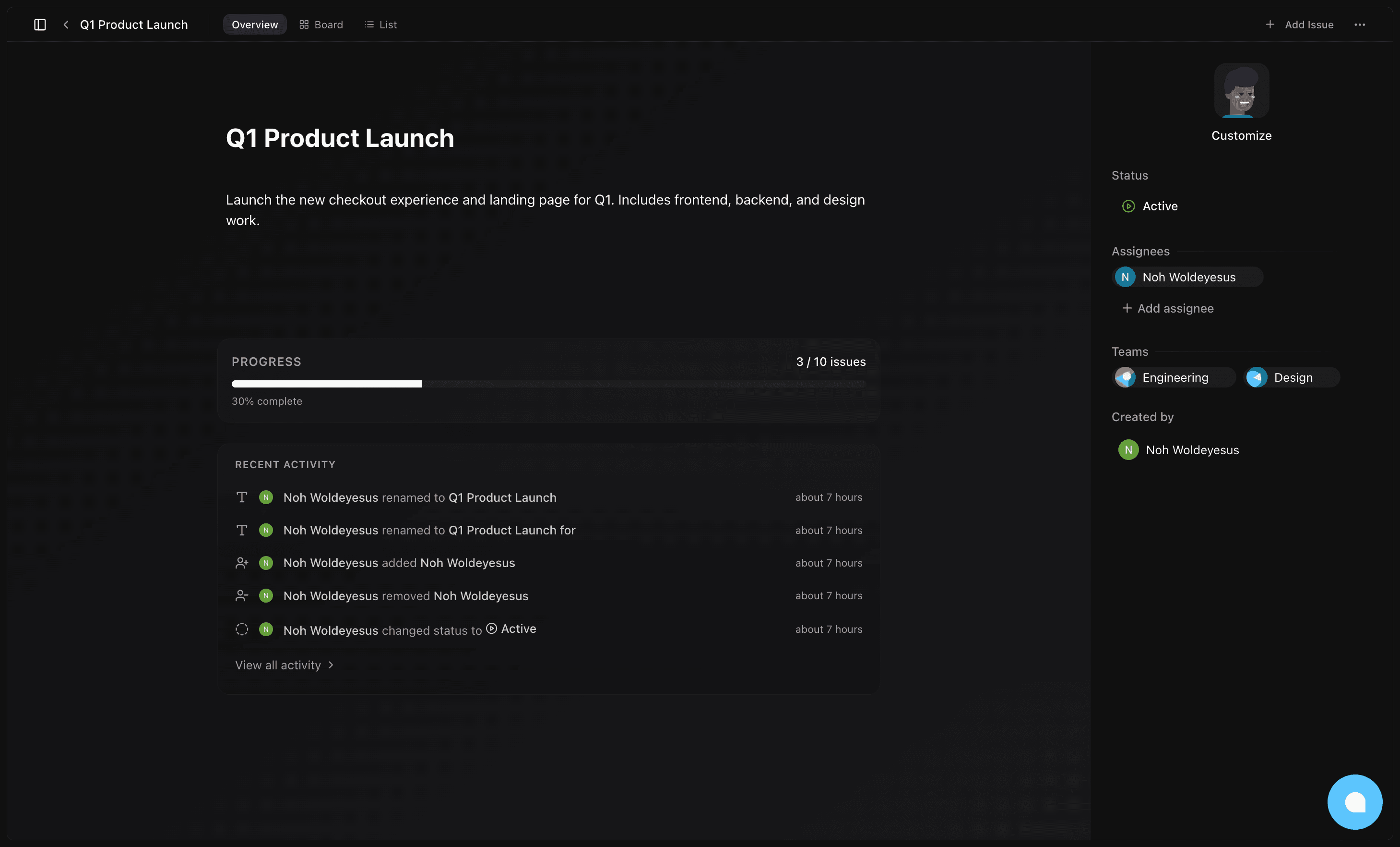 Project detail page showing team assignments and project settings
